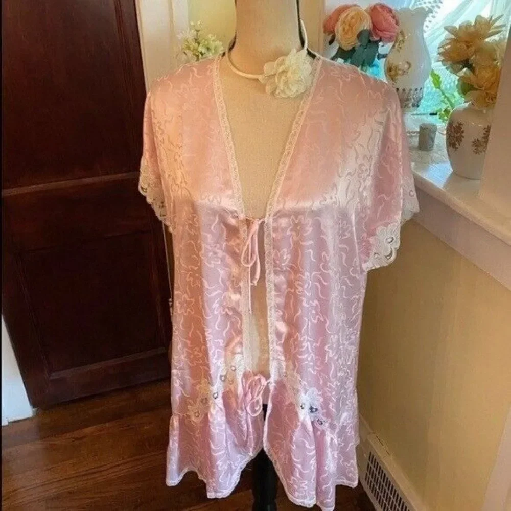 VTG Sz L DIOR *Paris Pink* Tie-Front Kimono Robe